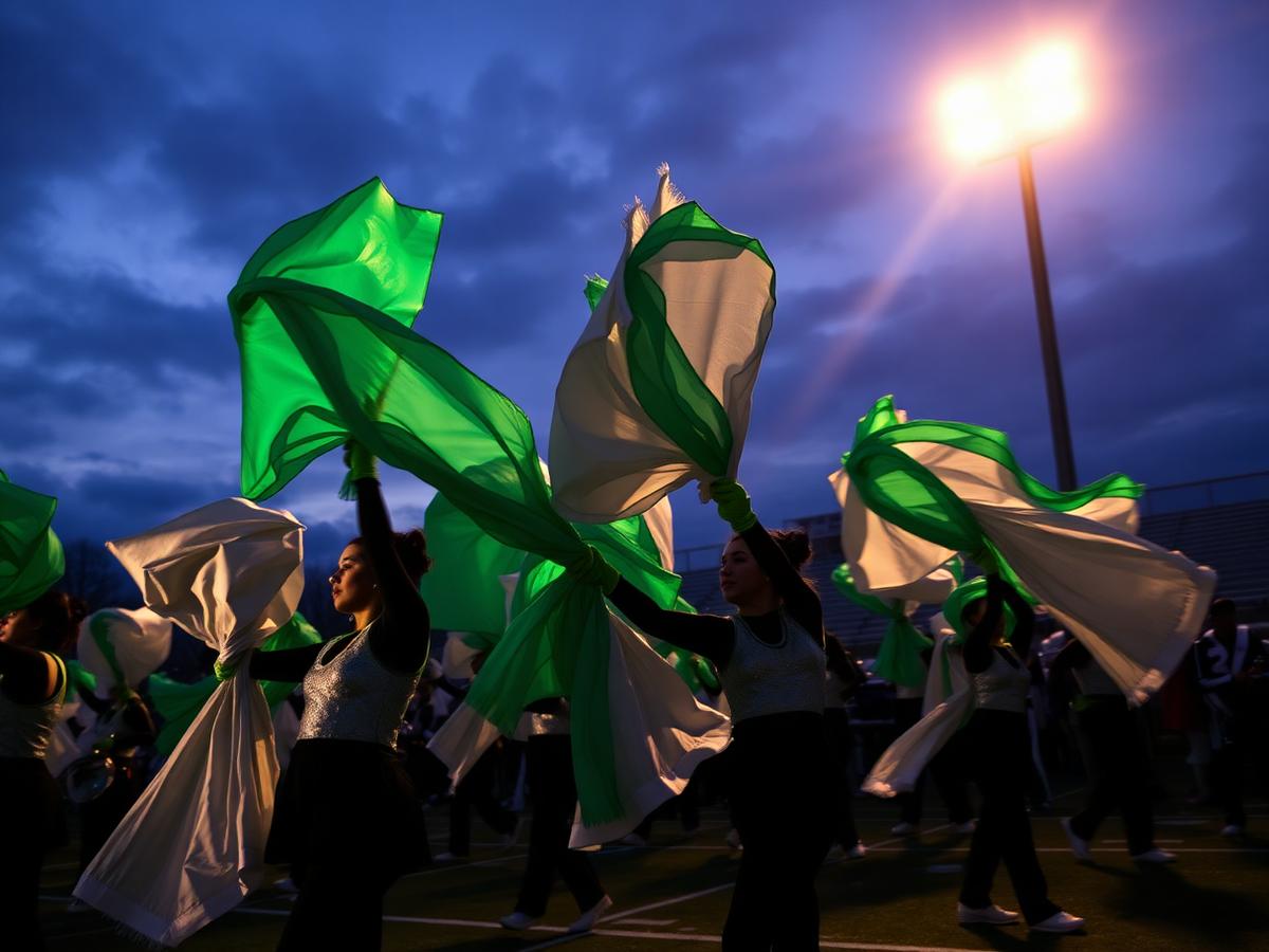 Color guard spinning green and white silks at dusk
