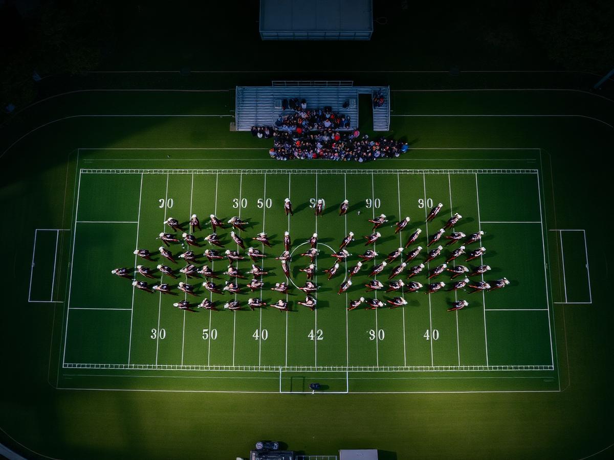 Aerial view of the band in formation on the field